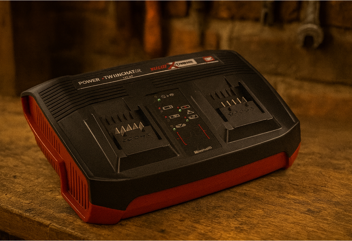 Απεικονίζεται ο φορτιστής πάνω σε πάγκο.